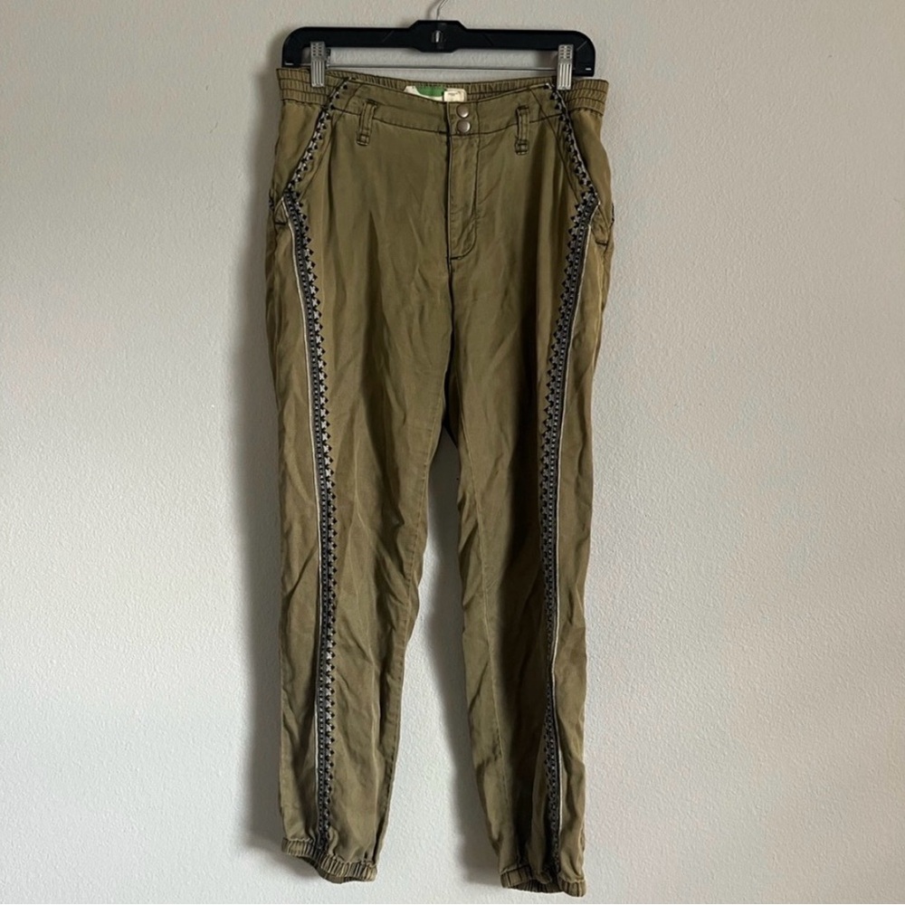 Anthropologie Jogger Pants Army Green Tencel Embroidered Pull On Pockets size XS